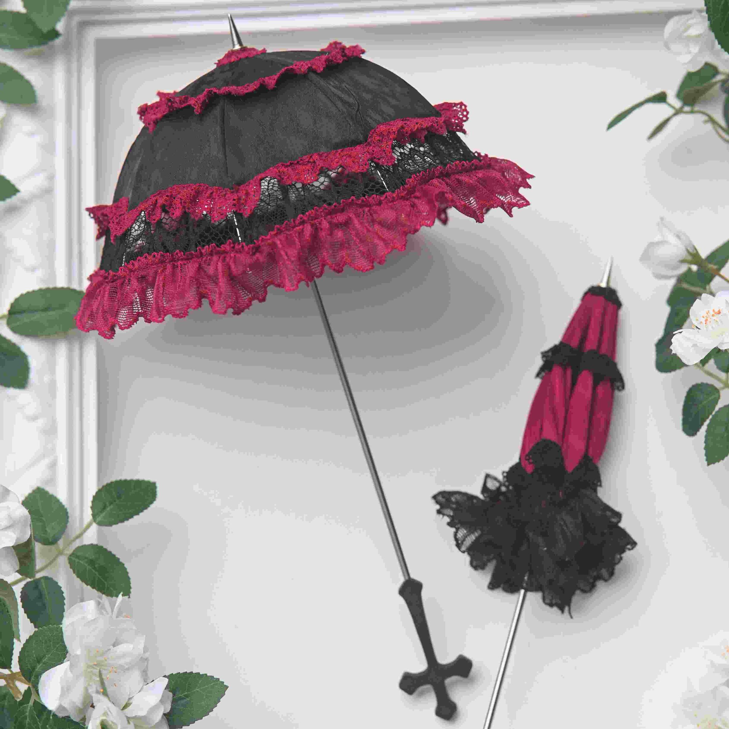 DOLK×CRUSH 特別受注】Lily Lace Parasol Black＆Red＋Handle(十:Black