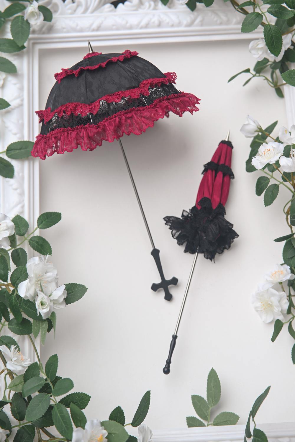 DOLK×CRUSH 特別受注】Lily Lace Parasol Black＆Red＋Handle(十:Black